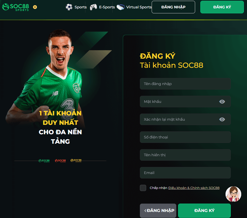 Truy cập vào SOC88 -> Tiến hành đăng ký SOC88